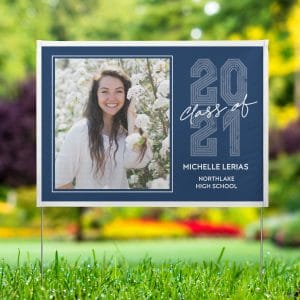 Blue Class of 2021 Graduation Yard sign featuring smiling graduate photo